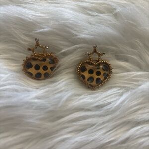 Gold Heart Crown Leopard Stud Earrings - Yellow and Black